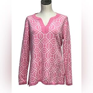 Land’s End pink white patterned sweater v-neck cotton size 14-16 EUC